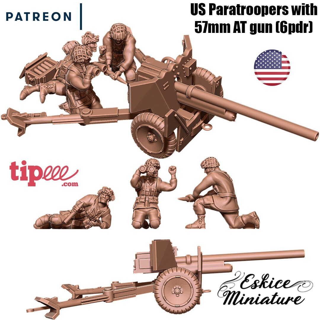 Eskice Miniature WW2 US Airborne Paratroopers w/ 57mm AT Gun Bolt Action 15 28mm