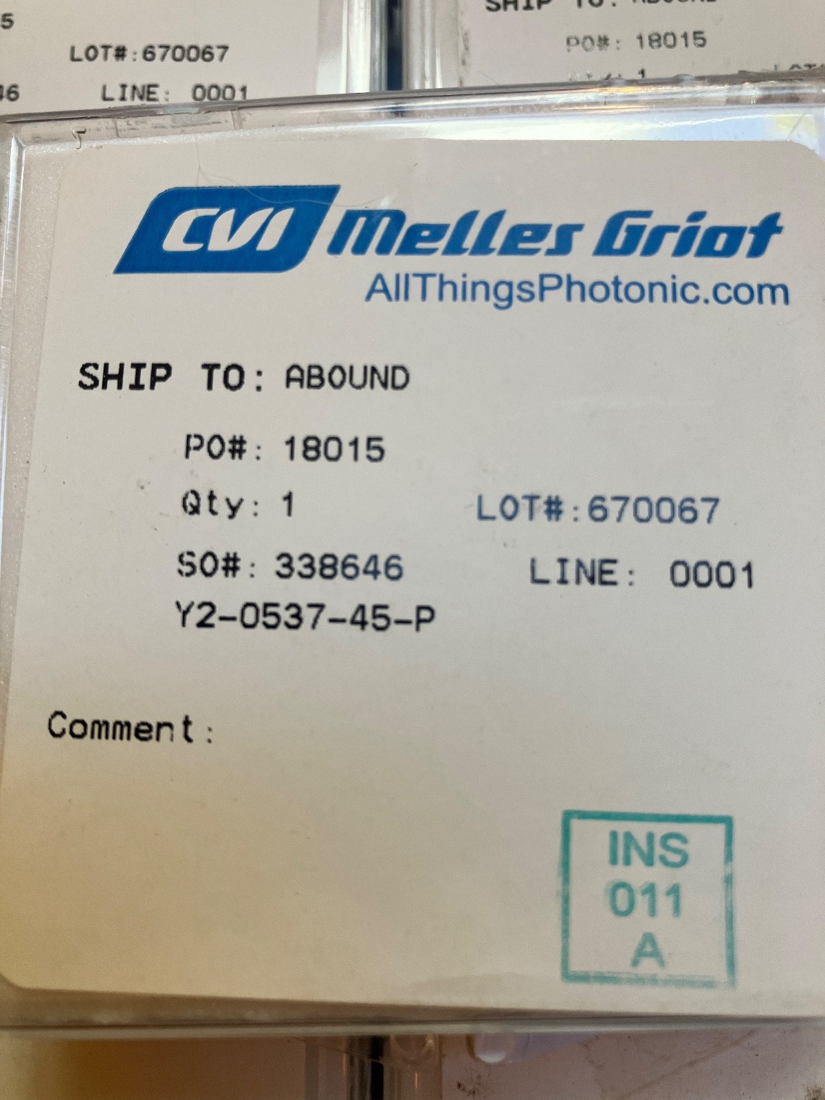 CVI Melles Griot Y2-0537-45-P LENS NEW SEALED BOXES QTY 1 CVI Melles Griot Y2-0537-45-P LENS NEW SEALED BOXES QTY 1