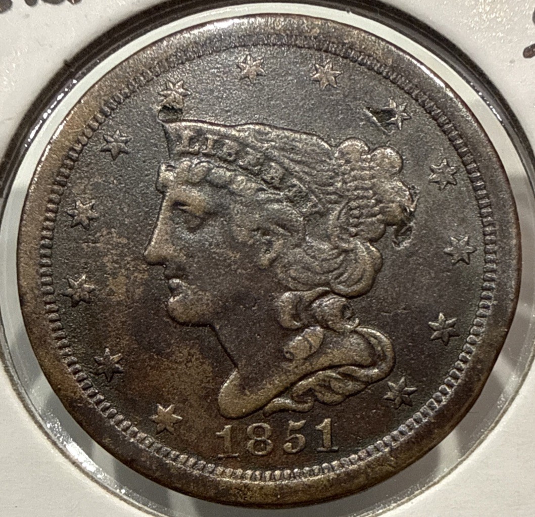 1851 Braided Hair Half Cent US 1/2C Copper Coin - XF Detail (U464) 1851 Braided Hair Half Cent US 1/2C Copper Coin - XF Detail (U464)