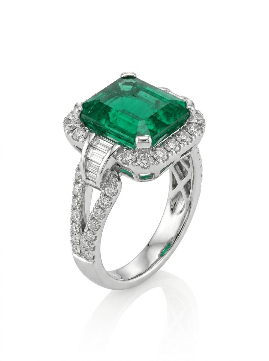 EFFY 14K White Gold 2.19 CT Emerald and 0.64 CTW Diamond Halo Statement Ring EFFY 14K White Gold 2.19 CT Emerald and 0.64 CTW Diamond Halo Statement Ring