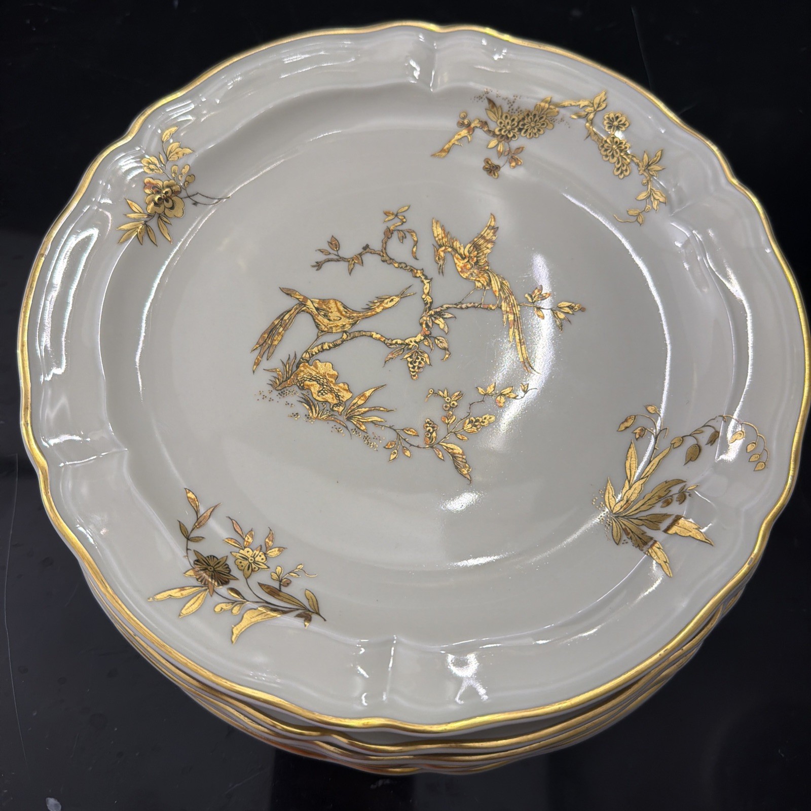 5 Bernardaud Limoges Reine Elisabeth Gilt Birds Salad Dessert Plates D 8 1/2 5 Bernardaud Limoges Reine Elisabeth Gilt Birds Salad Dessert Plates D 8 1/2