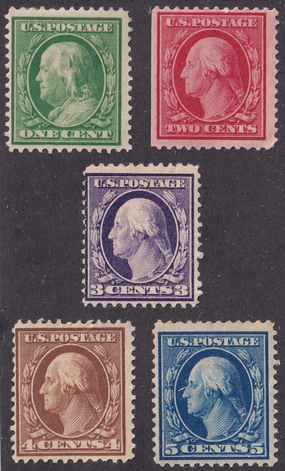MATT\'S STAMPS SCOTT #374-378 GEORGE WASHINGTON ISSUES OF 1910-1911, MH CV$85