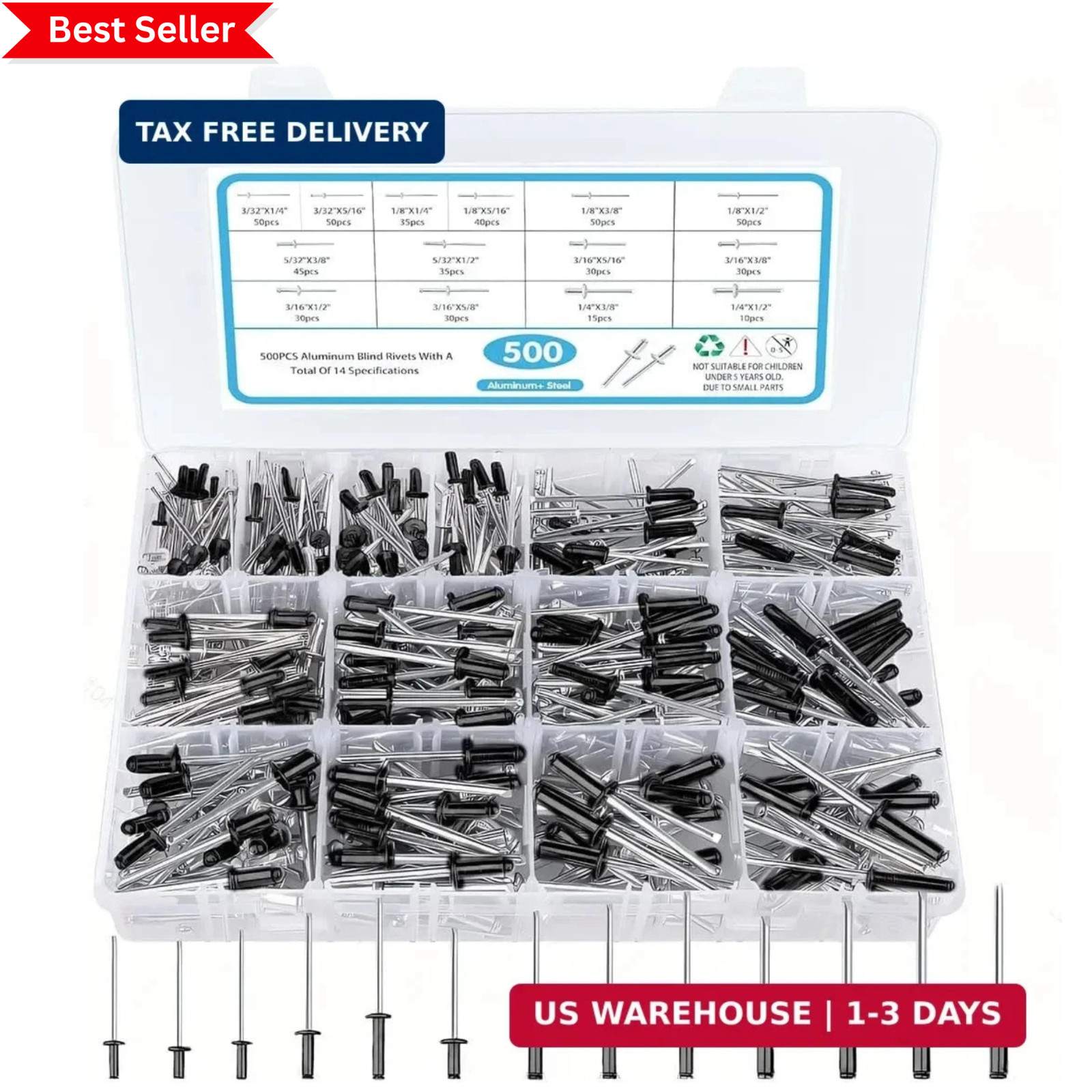 500PCS Pop Rivets Assortment Kit, 14 Sizes Pop Rivet Aluminum Assorted Blind Riv 500PCS Pop Rivets Assortment Kit, 14 Sizes Pop Rivet Aluminum Assorted Blind Riv