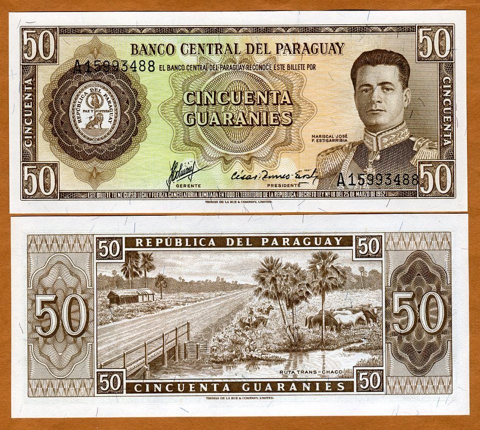 Paraguay, 50 Guaranies, L. 1952, P-197b, A-Prefix, UNC