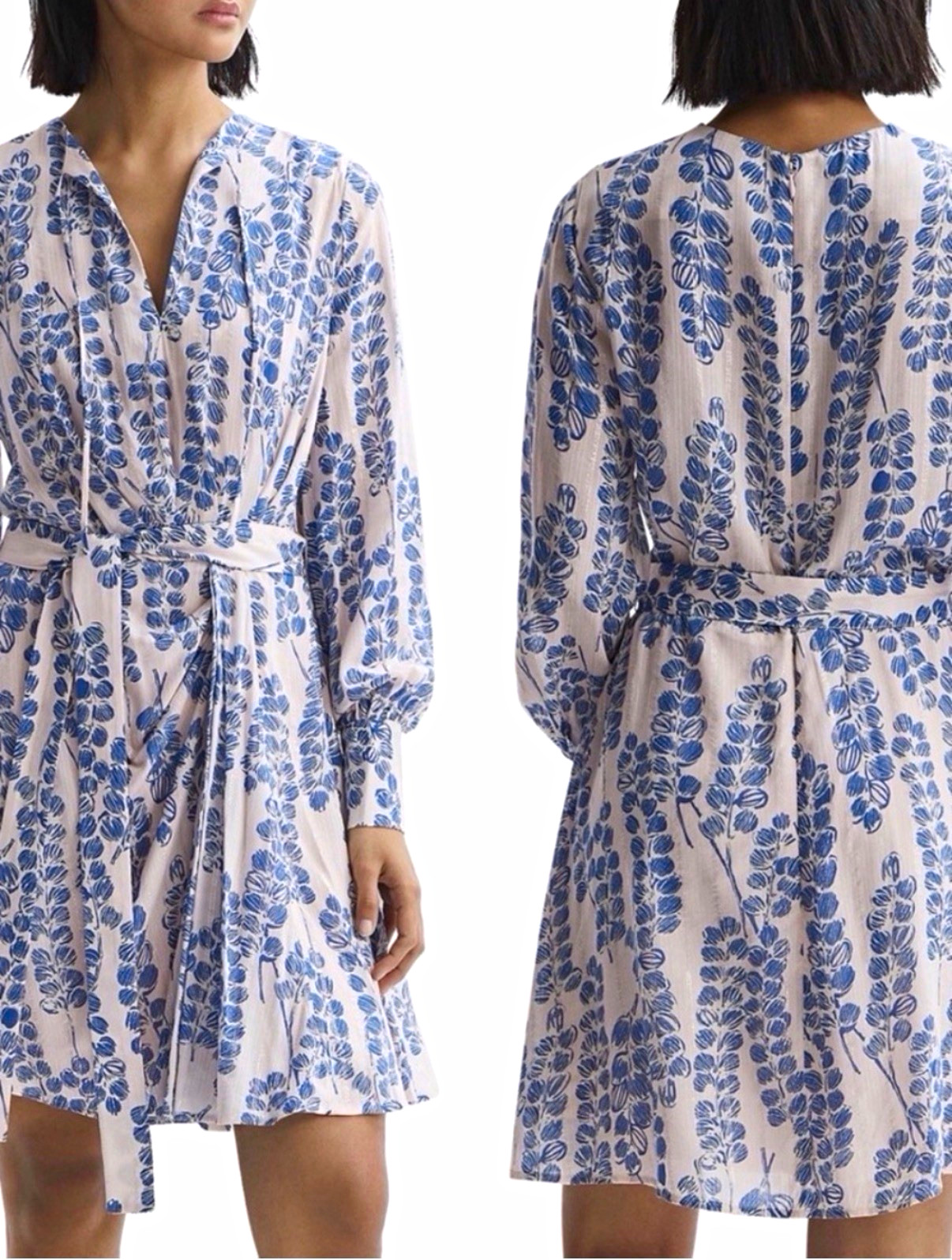 Reiss Blue & White Floral V-Neck Long Sleeve Short Dress Zip Belted Reiss Blue & White Floral V-Neck Long Sleeve Short Dress Zip Belted