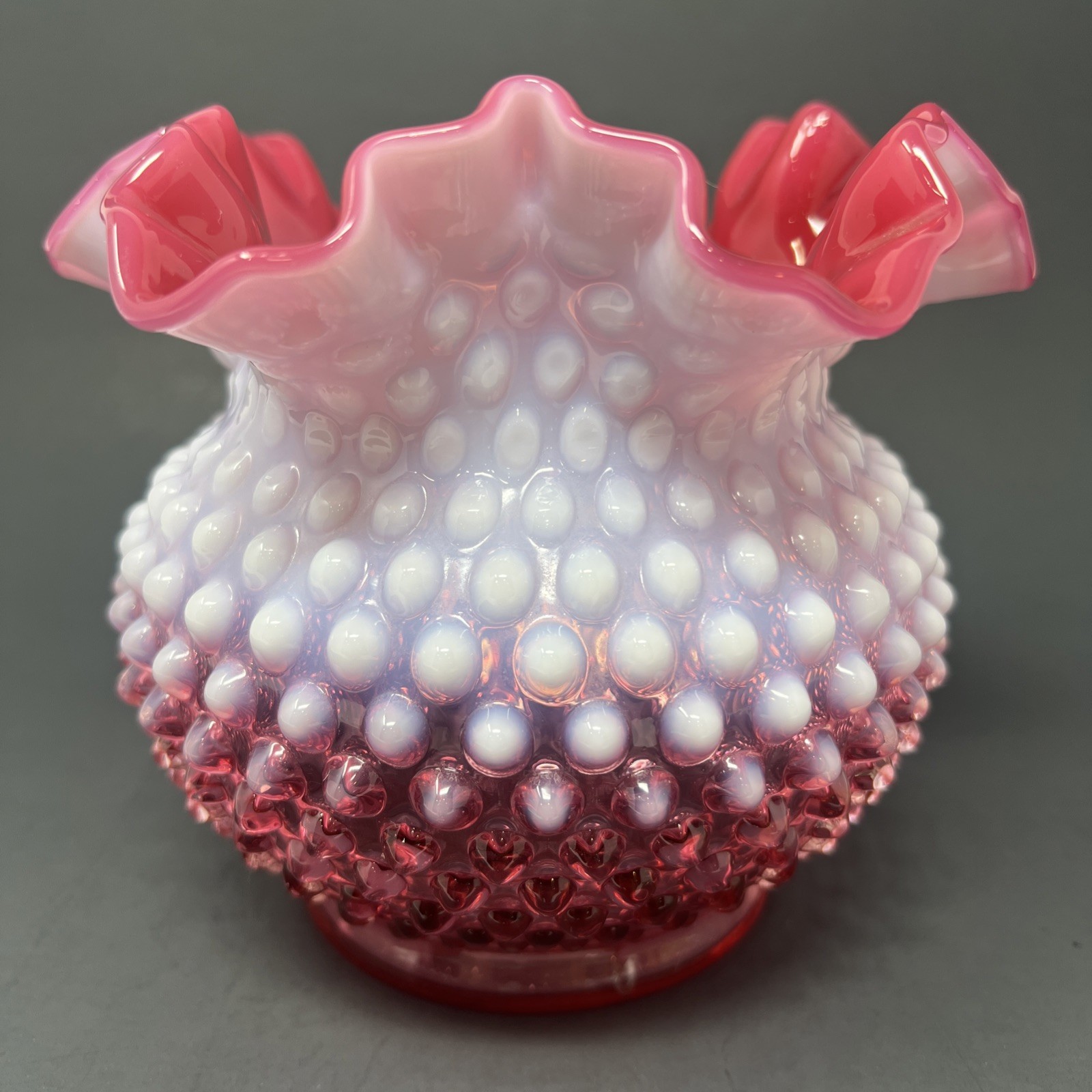 Vintage Fenton Frosted Opalescent Cranberry Hobnail Ruffled Rim Vase 5” X 6” Vintage Fenton Frosted Opalescent Cranberry Hobnail Ruffled Rim Vase 5” X 6”