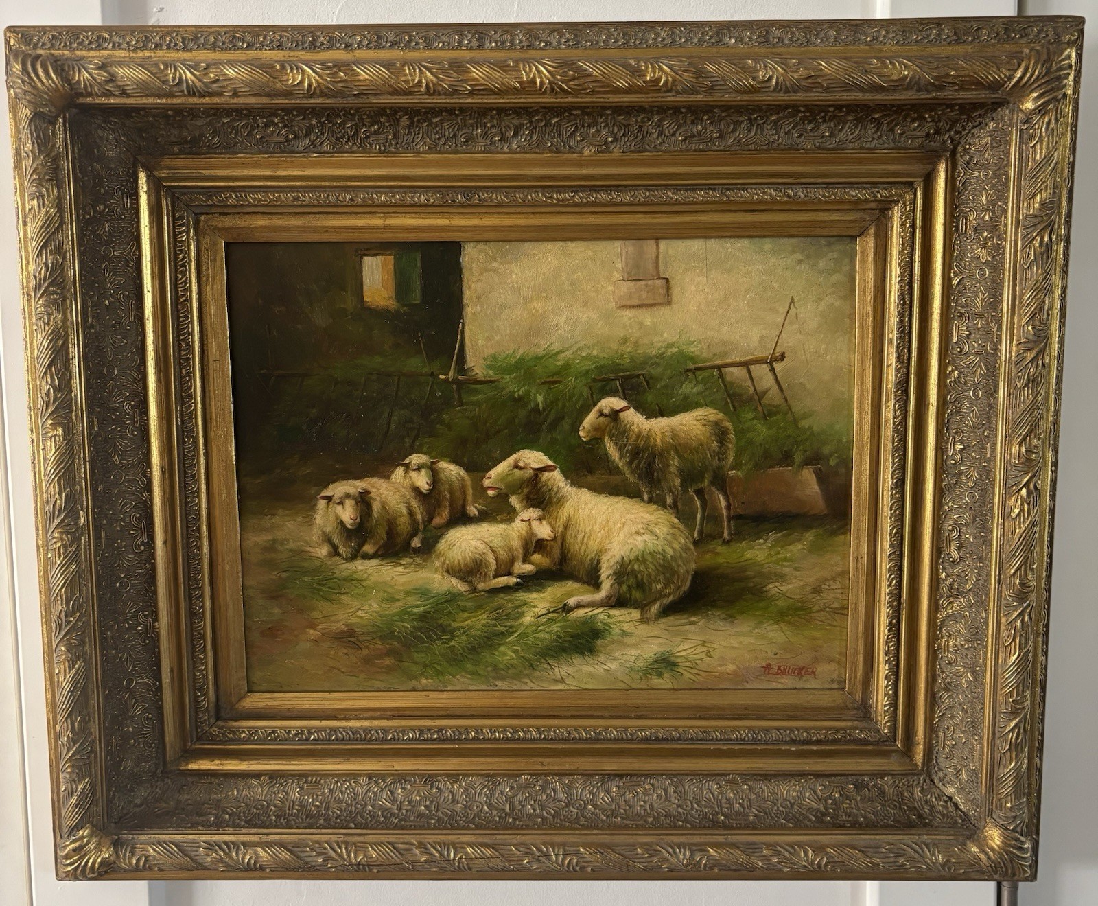 Antique Large 19th Century English Sheep In Barnyard Original Oil Painting Antique Large 19th Century English Sheep In Barnyard Original Oil Painting