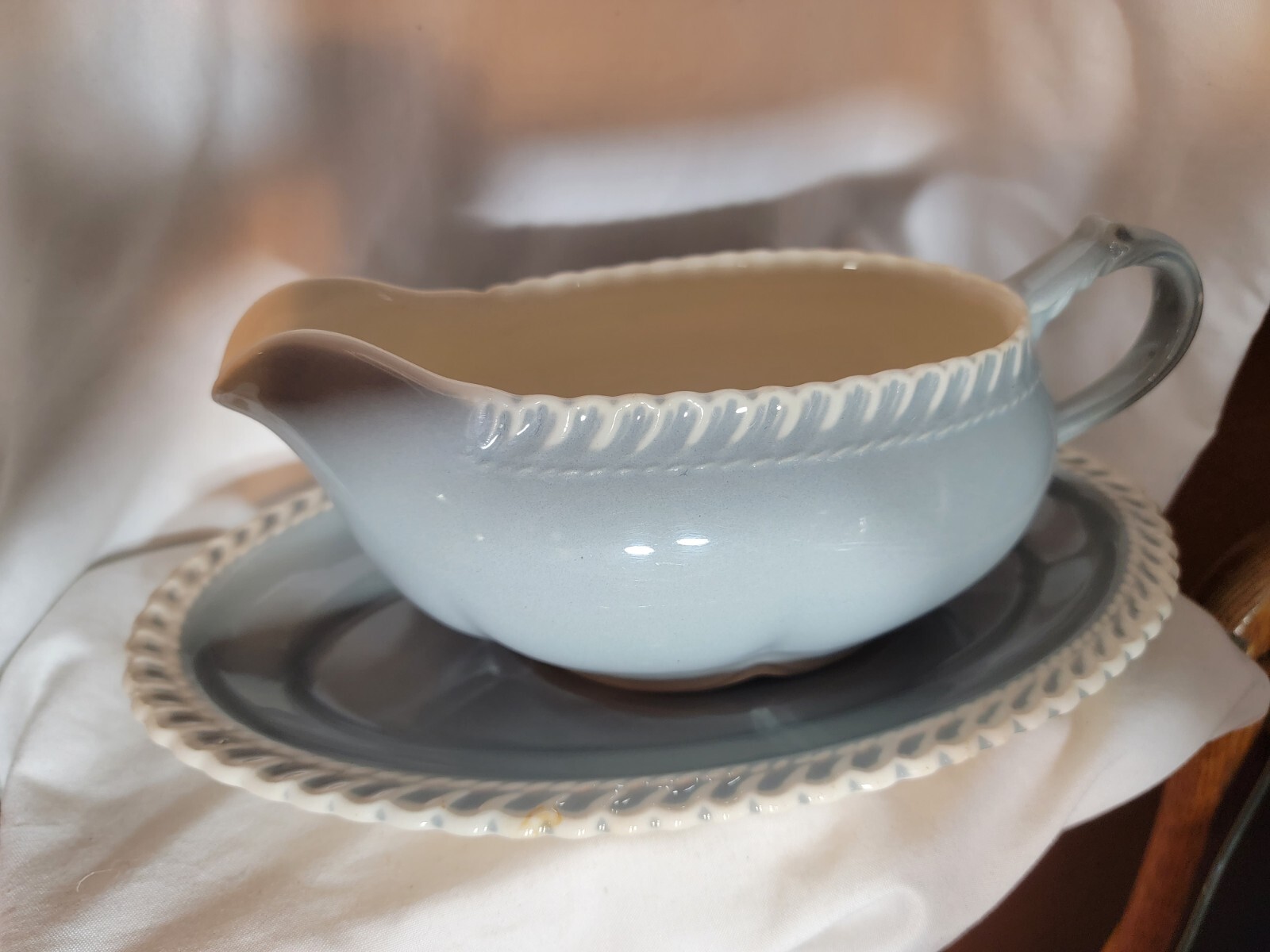 Harker Ware Corinthian Blue Gray Grey Gravy Boat Harker Pottery & Under Plate Harker Ware Corinthian Blue Gray Grey Gravy Boat Harker Pottery & Under Plate