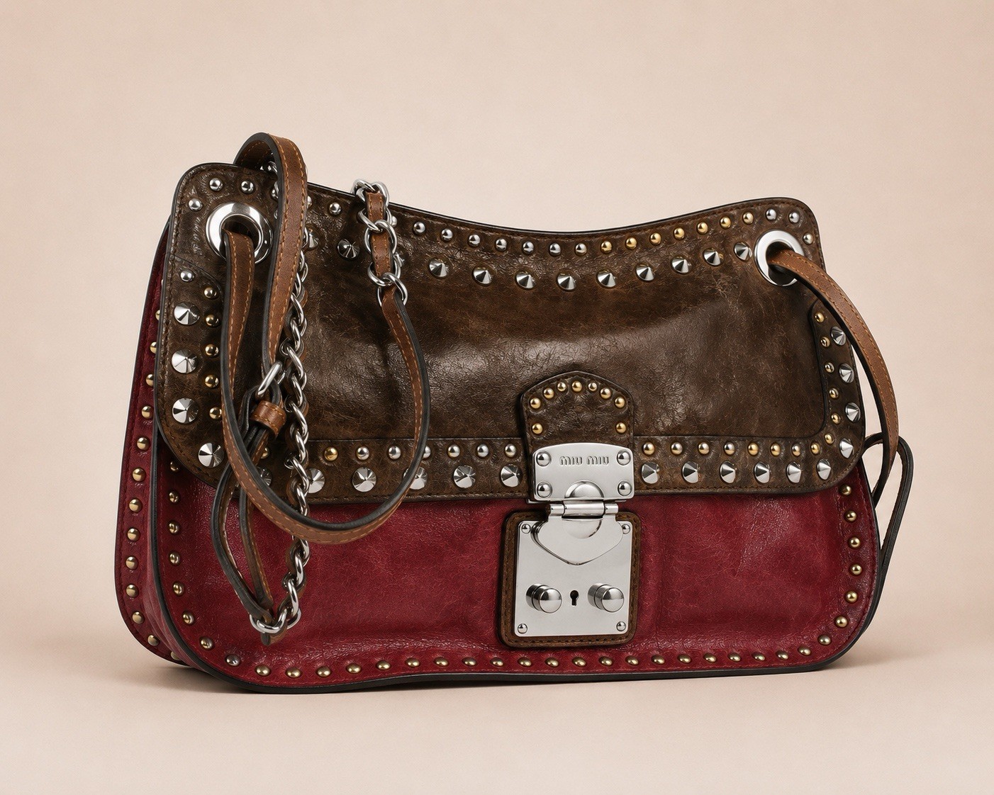 Rare Miu Miu Vintage Studded Two Way Brown Pattina Red Nappa Borchie Bag