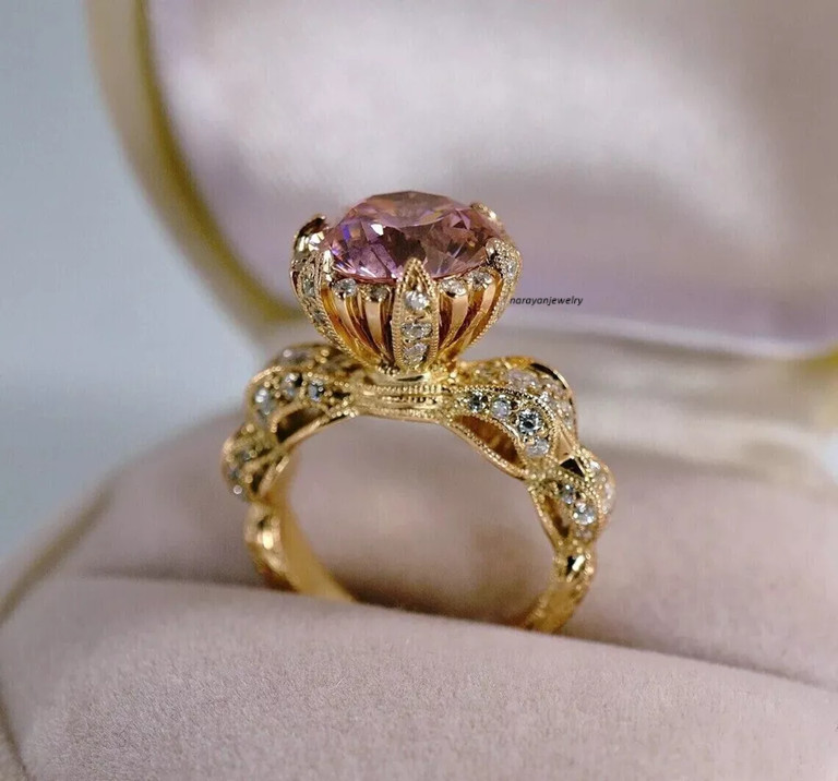 Edwardian Art Deco 3Ct Round Cut Pink Sapphire Women Ring 14K Yellow Gold Plated
