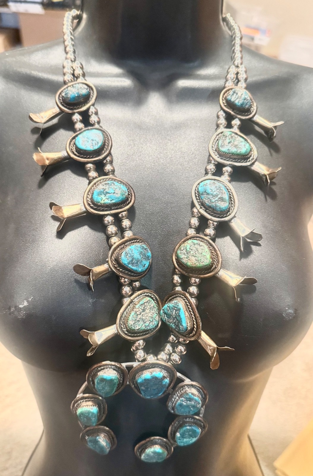 ANTIQUE TURQUOISE SQUASH BLOSSOM NECKLACE NATIVE AMERICAN NAVAJO SILVER TONE ANTIQUE TURQUOISE SQUASH BLOSSOM NECKLACE NATIVE AMERICAN NAVAJO SILVER TONE
