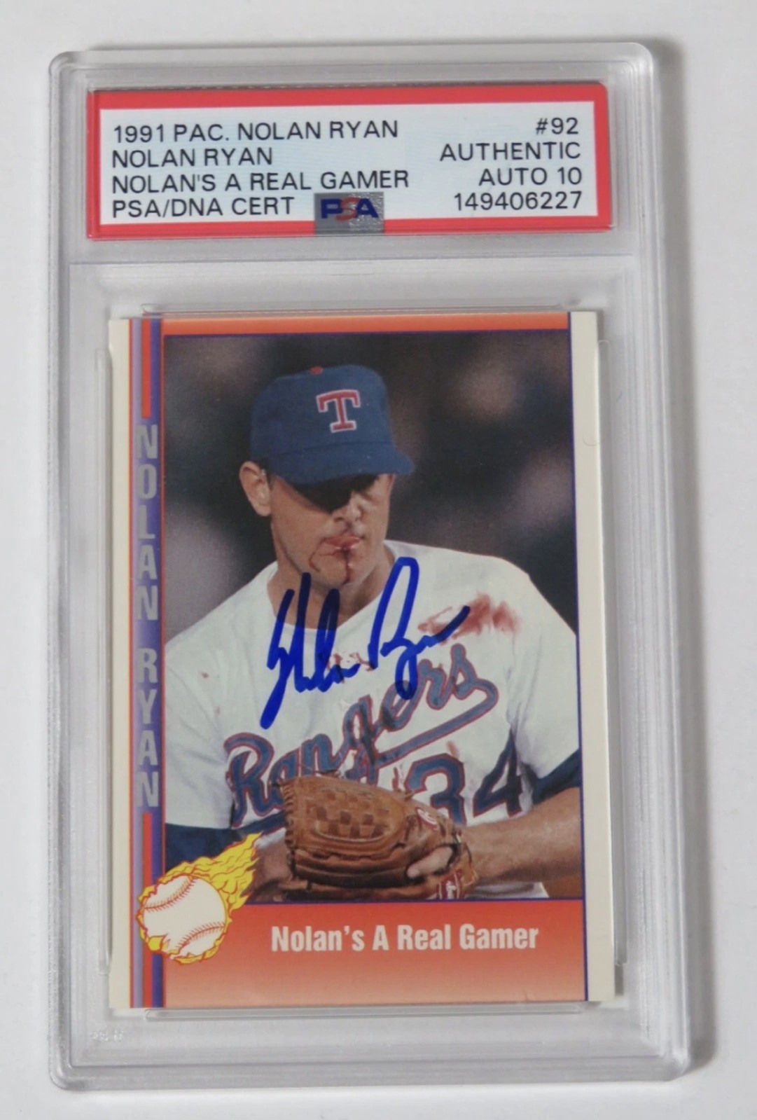 Nolan Ryan HOF Signed Autograph 1991 Pacific Bloody Lip Card # 92 PSA 10 Auto Nolan Ryan HOF Signed Autograph 1991 Pacific Bloody Lip Card # 92 PSA 10 Auto