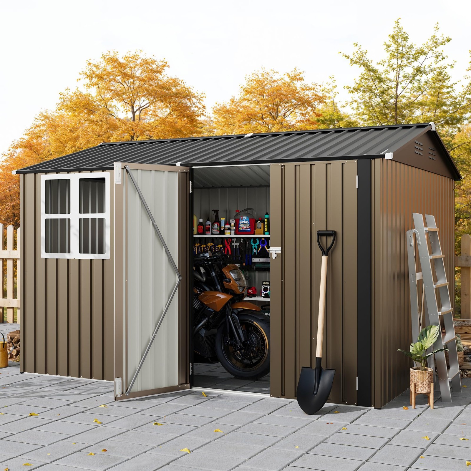 GARVEE 10x8FT Outdoor Metal Storage Shed,Galvanized Steel, Lockable,Weatherproof