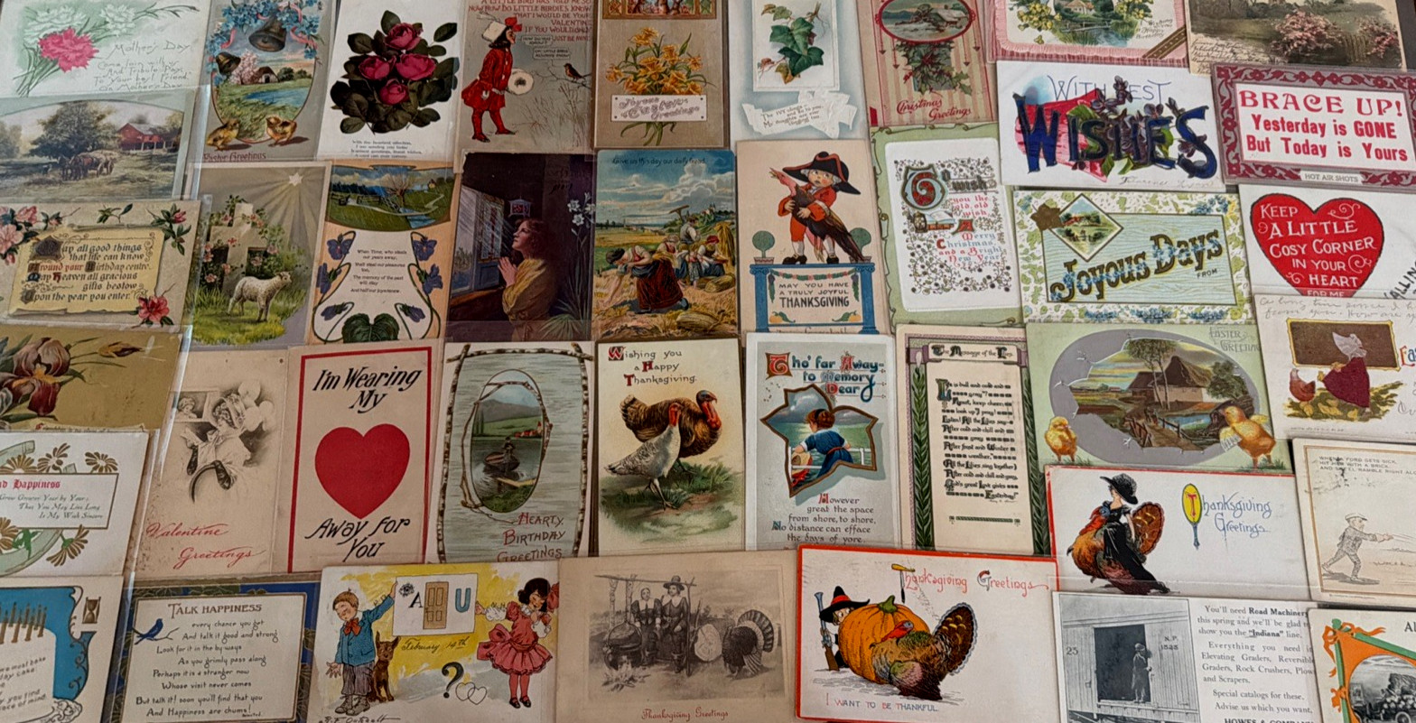 ~Lot of 43 Antique 1900's~Mixed Topics Greetings Postcards~All with stamps-s785