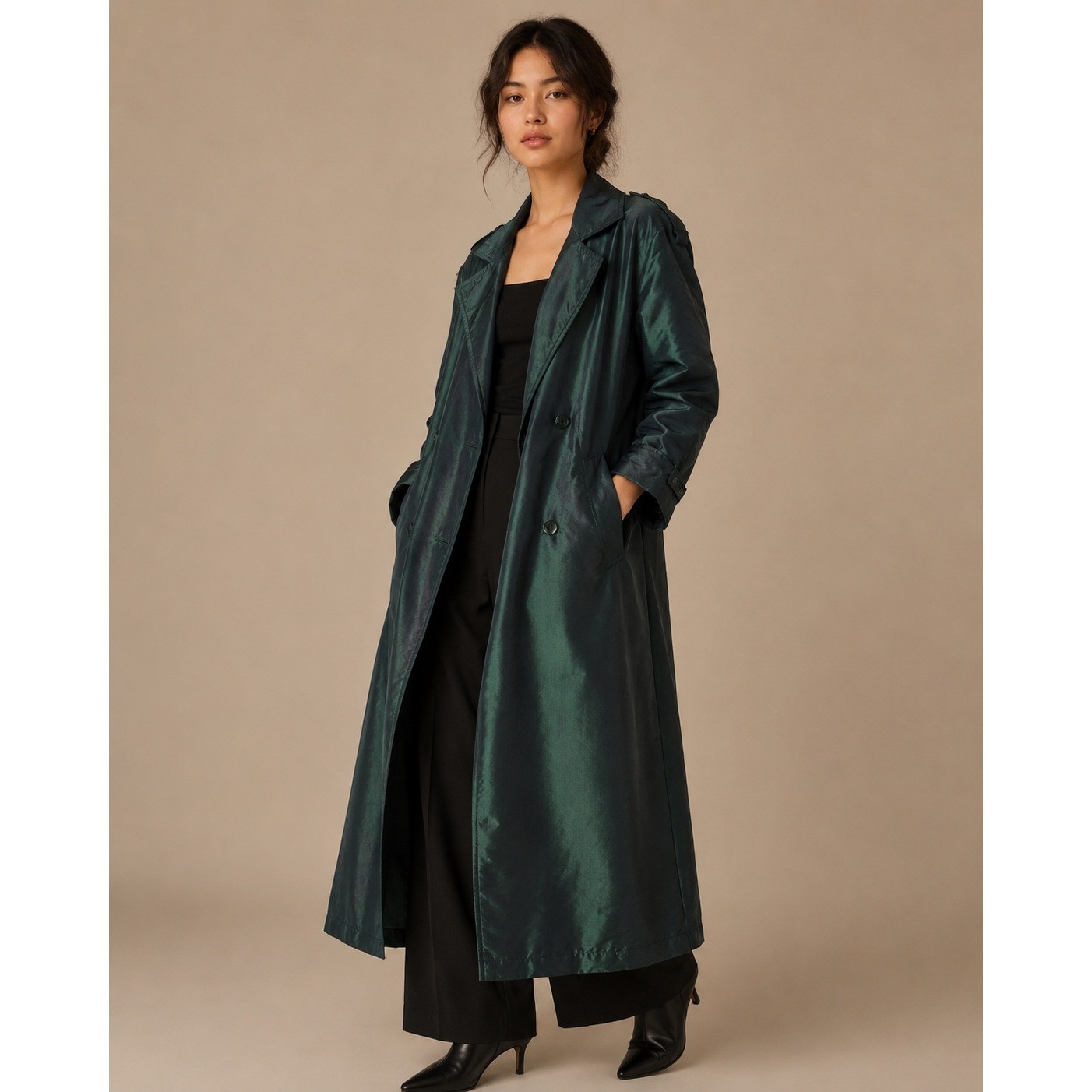 VTG Casual Corner Petite Iridescent Green Double Breasted Belted Trench Coat 4P VTG Casual Corner Petite Iridescent Green Double Breasted Belted Trench Coat 4P