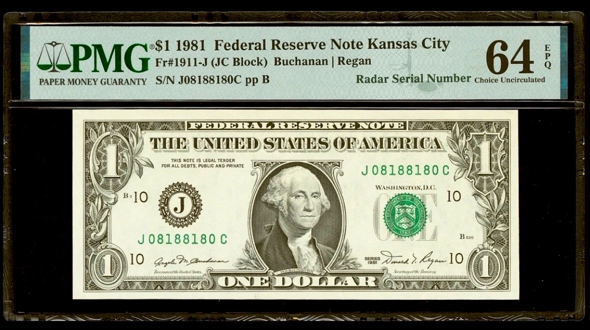 1981 $1 Dollar Radar Rotator Serial Number 08188180 FRN Kansas City PMG 64 EPQ