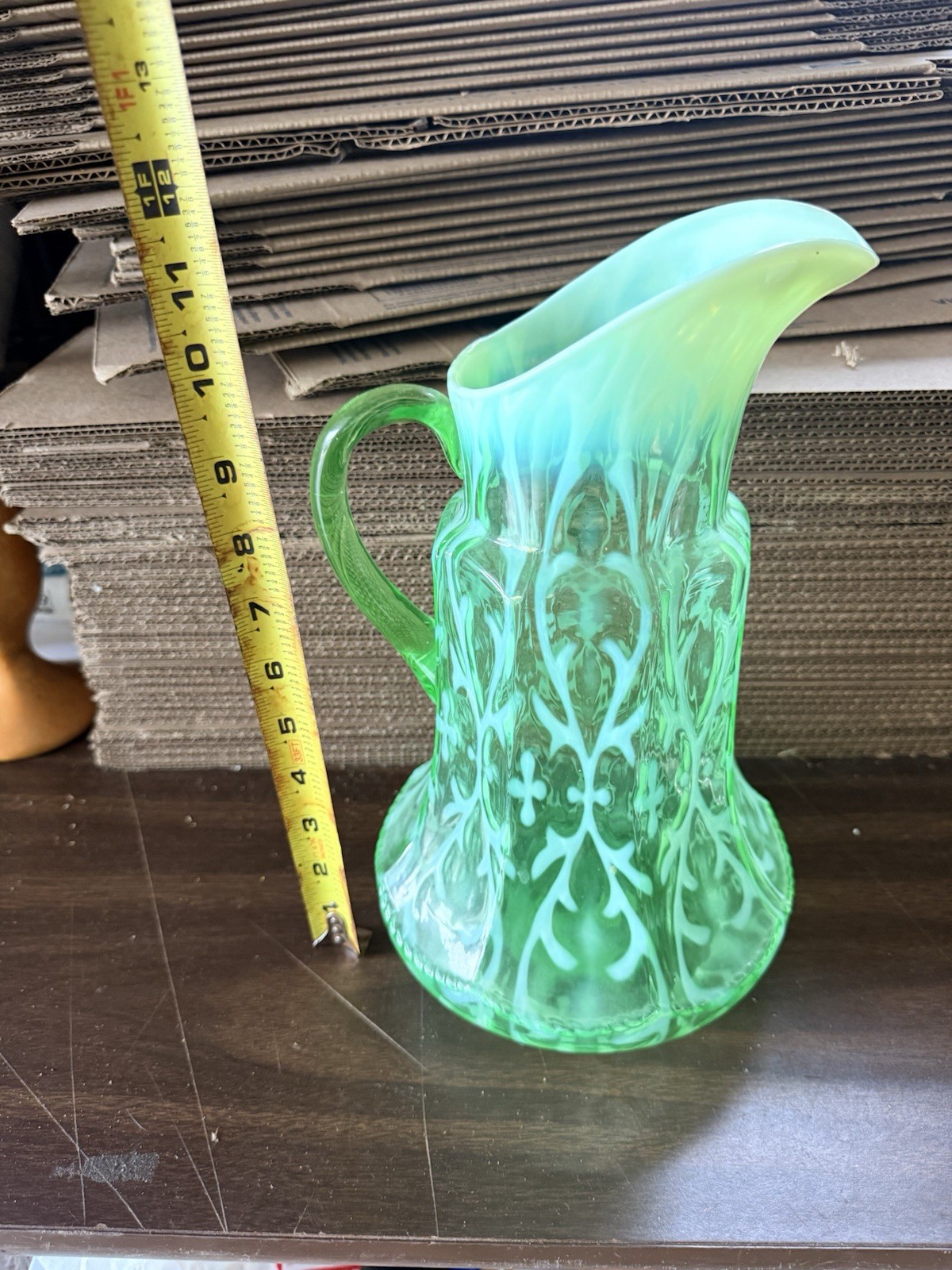 Antique Northwood Spanish Lace Opaline Brocade Uranium Glass Pitcher 12” EAPG