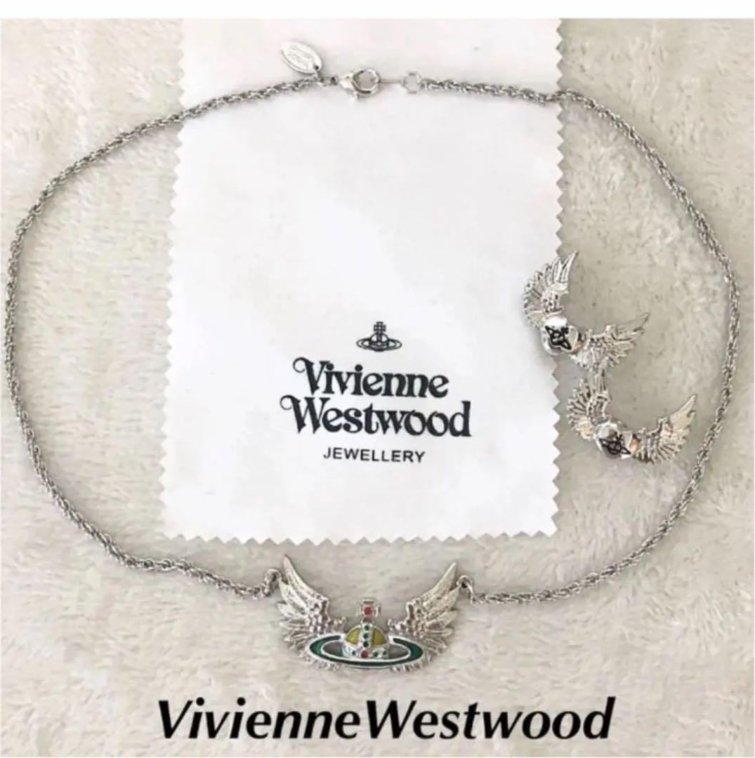 Vivienne Westwood Earrings Necklace Set 42cm Orb Wings Silver NO BOX [EJ791