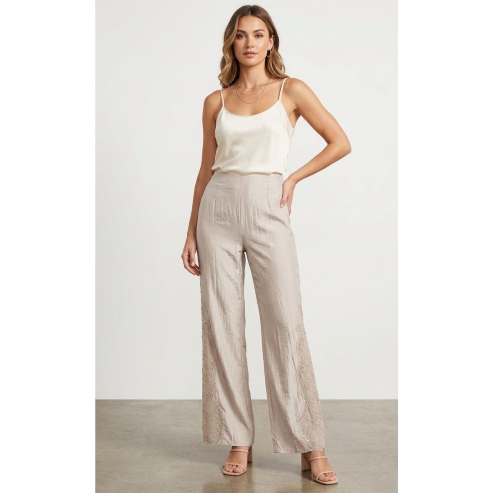 H&M Lace Inset Satin Trouser Pants High Waist Side Zip Women\'s Size 6 H&M Lace Inset Satin Trouser Pants High Waist Side Zip Women\'s Size 6