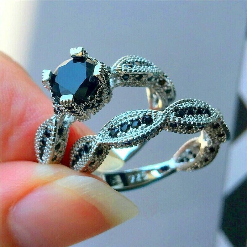 Real Pure Sterling Silver Black Diamond Simulated 3Ct Bridal Engagement Ring Set