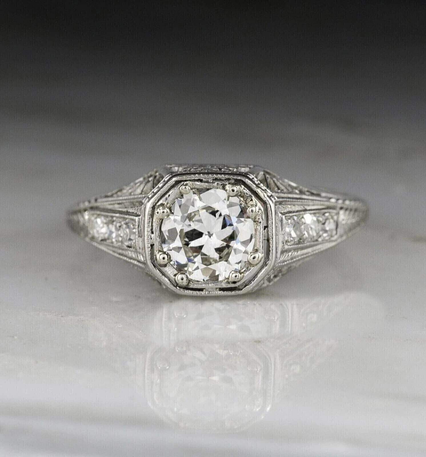 Vintage Inspired Round Cut Lab Created Diamond Engagement Ring, Elegant 14K Whit
