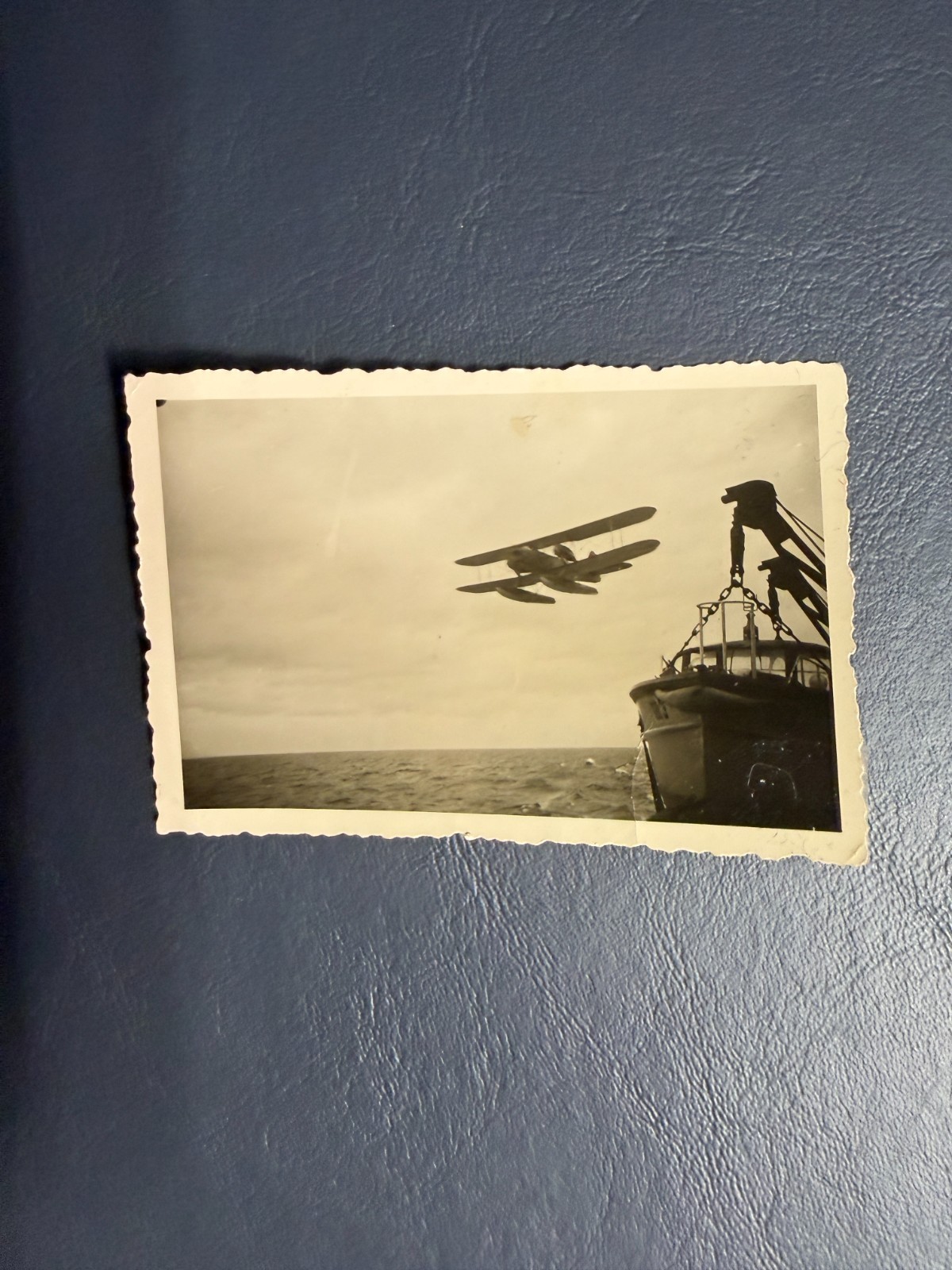 Vintage WWII Era Photo Biplane Floatplane Seaplane Naval Ship Ocean 1945 Origina