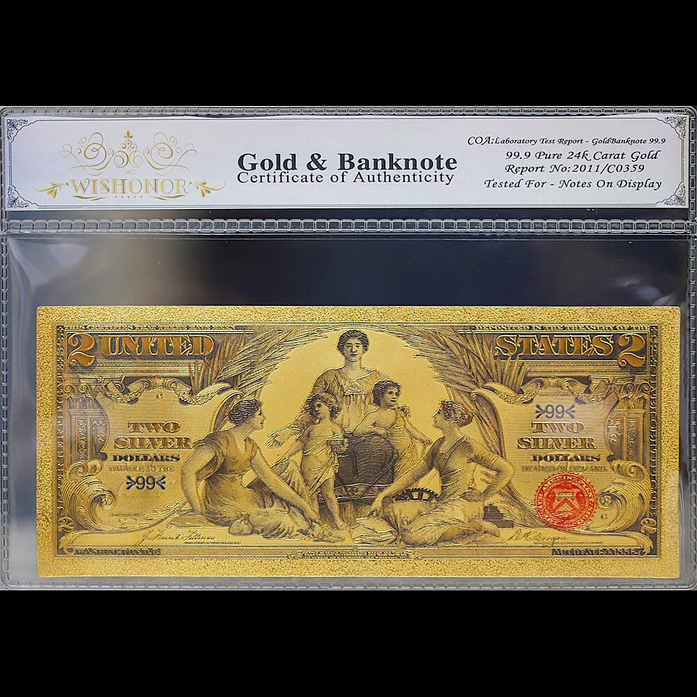 Gold 1896 $2 Two Dollars Banknote Collectible with Bag & Certificate Gold 1896 $2 Two Dollars Banknote Collectible with Bag & Certificate