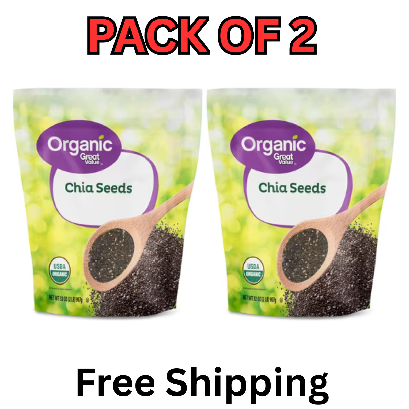 Great Value Organic Chia Seeds 32 oz(907)g USDA Organic, Gluten-Free 2 Pack Great Value Organic Chia Seeds 32 oz(907)g USDA Organic, Gluten-Free 2 Pack