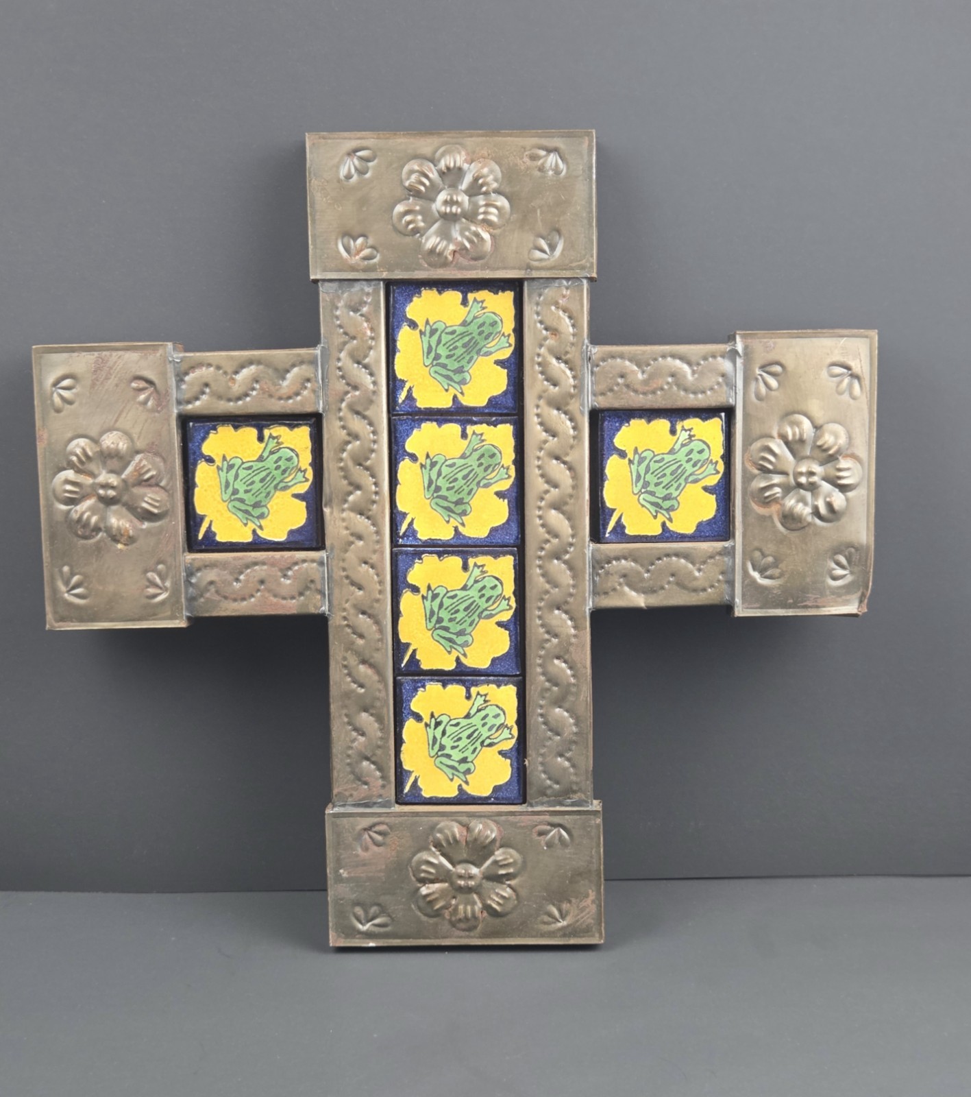 Vintage Mexican Punched Tin Wall Cross w/ Ceramic Frog Tile Insets Folk Art RARE Vintage Mexican Punched Tin Wall Cross w/ Ceramic Frog Tile Insets Folk Art RARE