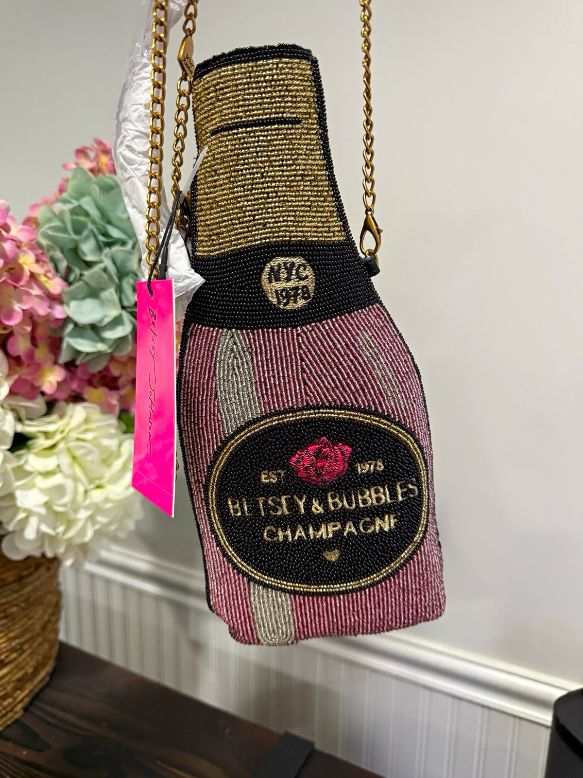 Betsey Johnson Betsy & Bubbles Champagne Bottle Beaded Crossbody Bag NWT Pink