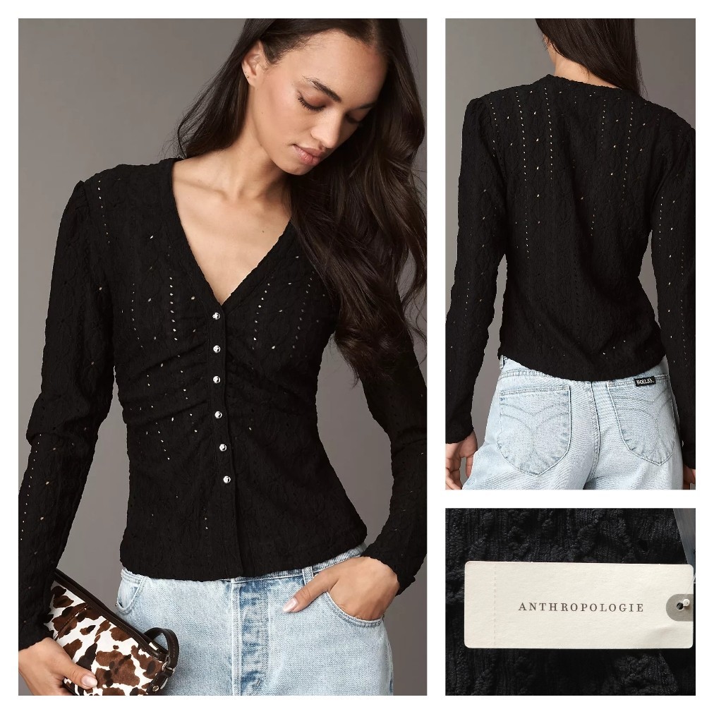 Anthropologie Maeve Textured Eyelet Top Black Onyx Size Small NWT $88 Anthropologie Maeve Textured Eyelet Top Black Onyx Size Small NWT $88