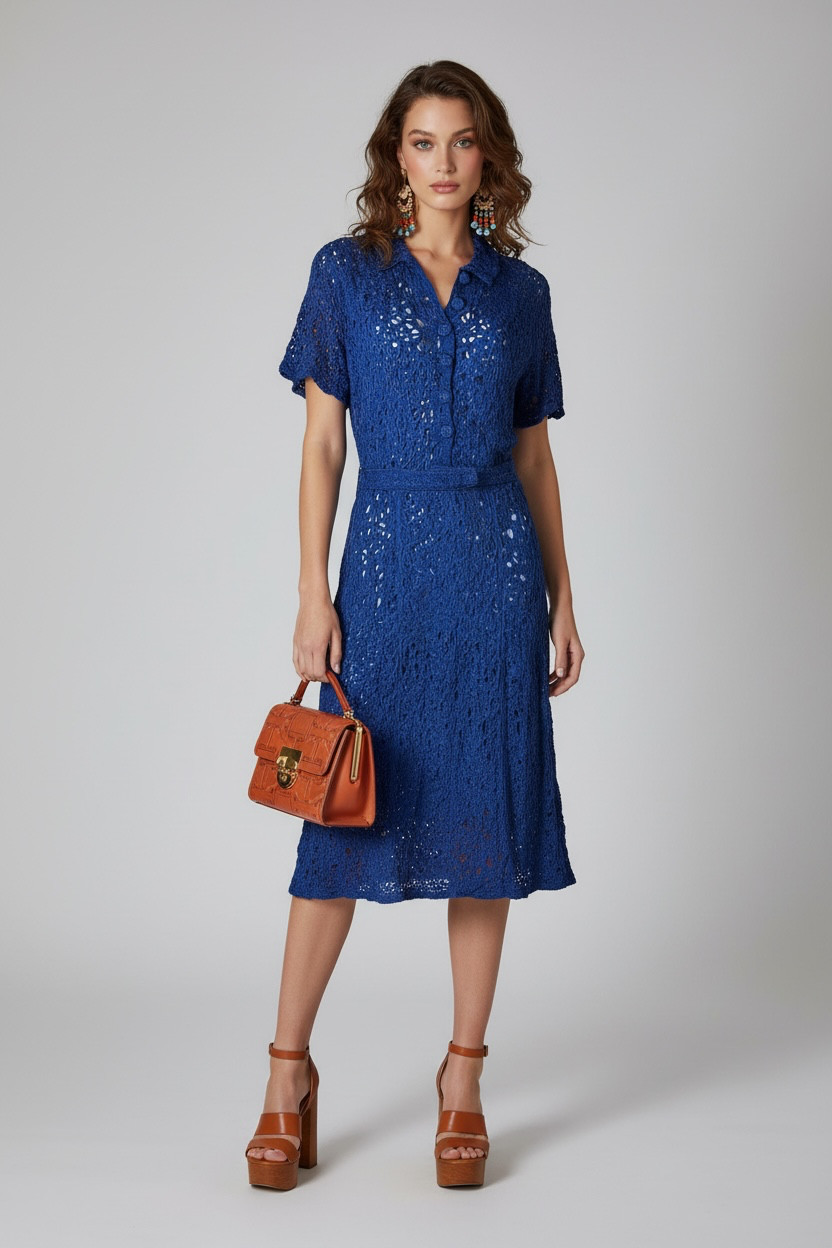 Vtg 30s 40s GLENGYLE Electric Blue Sheer RIBBON Knit CROCHET Shirt Dress S Belt Vtg 30s 40s GLENGYLE Electric Blue Sheer RIBBON Knit CROCHET Shirt Dress S Belt