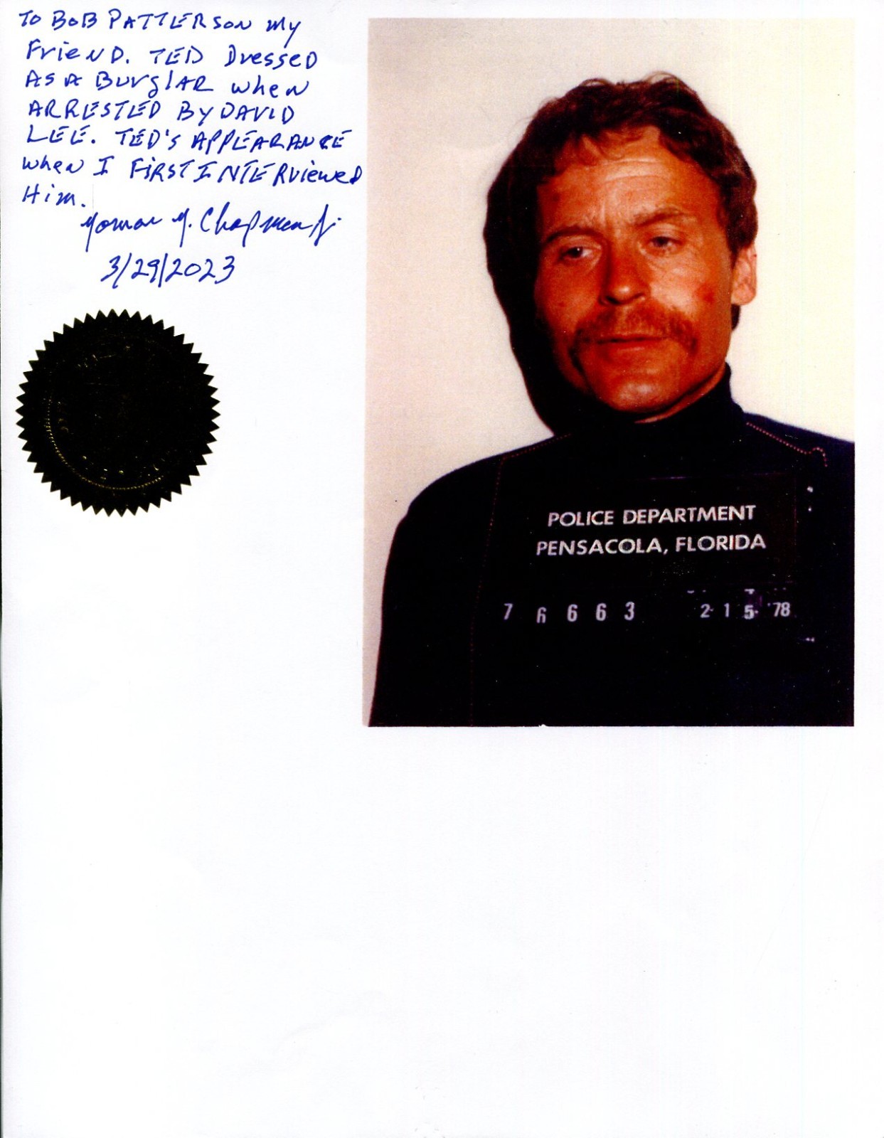 Police Chief Norman Chapman Who Arrested Ted Bundy Signed Autograph Mugshot Phot