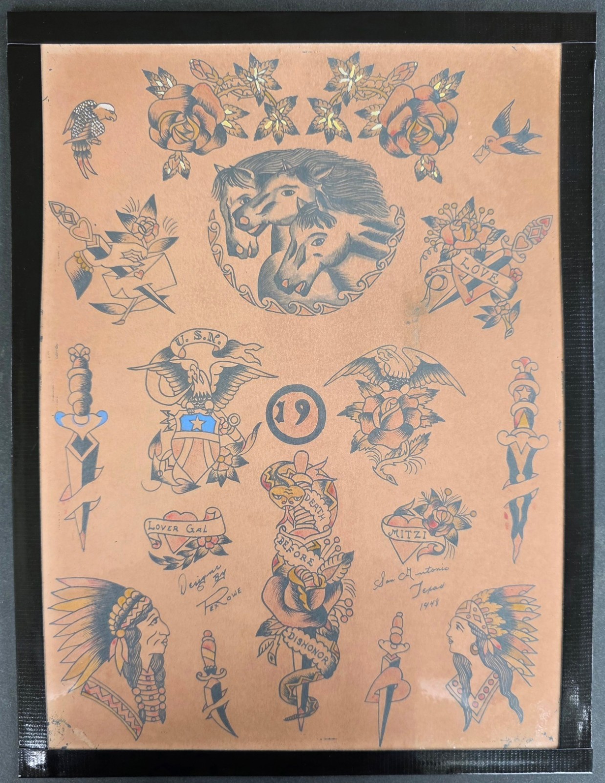 Vintage 1948 Tex Rowe Traditional Tattoo Flash Sheet Pharoh\'s Horses San Antonio