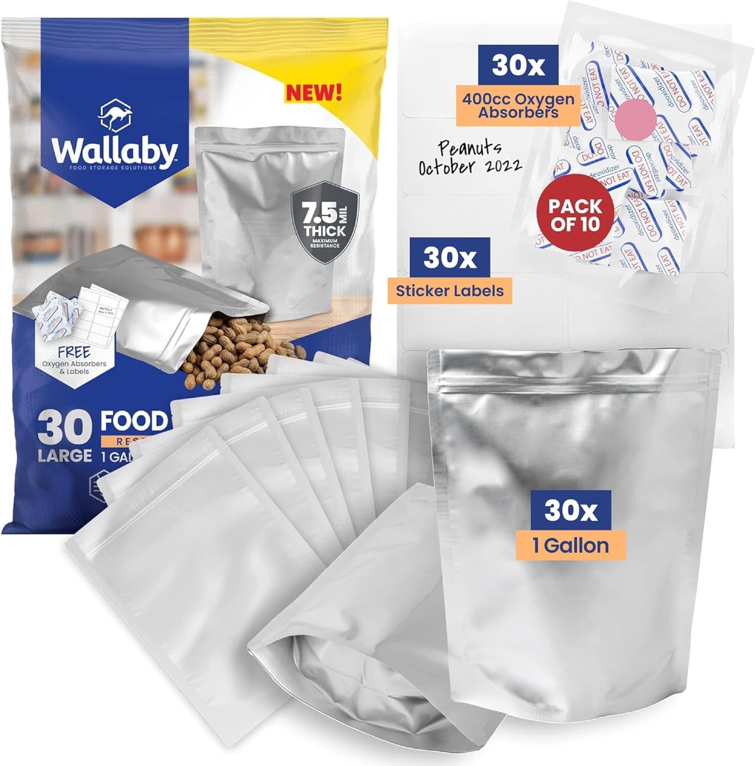 Wallaby 1 Gallon Mylar Bags 30 Count w/ 400cc Oxygen Absorbers 15 Mil | Silver Wallaby 1 Gallon Mylar Bags 30 Count w/ 400cc Oxygen Absorbers 15 Mil | Silver