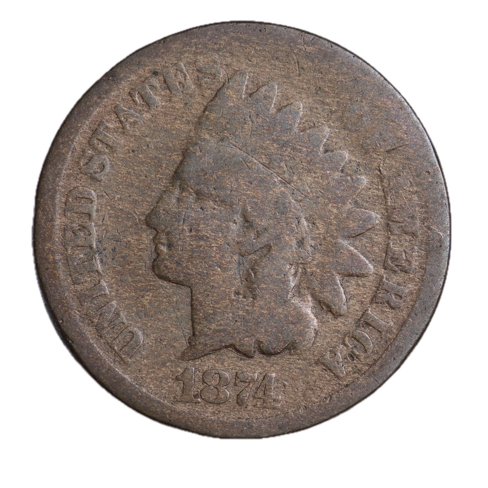 1874 FULL DATE Indian Head Cent Penny ABOUT GOOD =