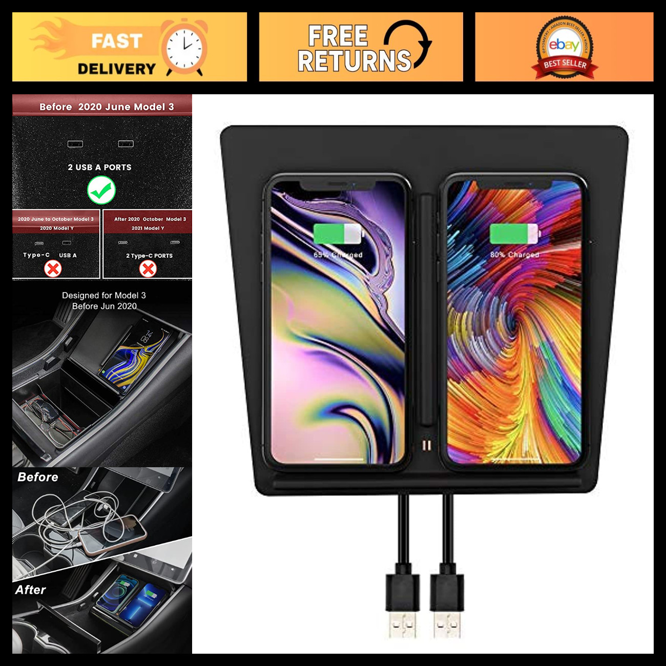 Wireless Charger for Tesla Model 3 2017-2020, Fast Charging M3 Accessories