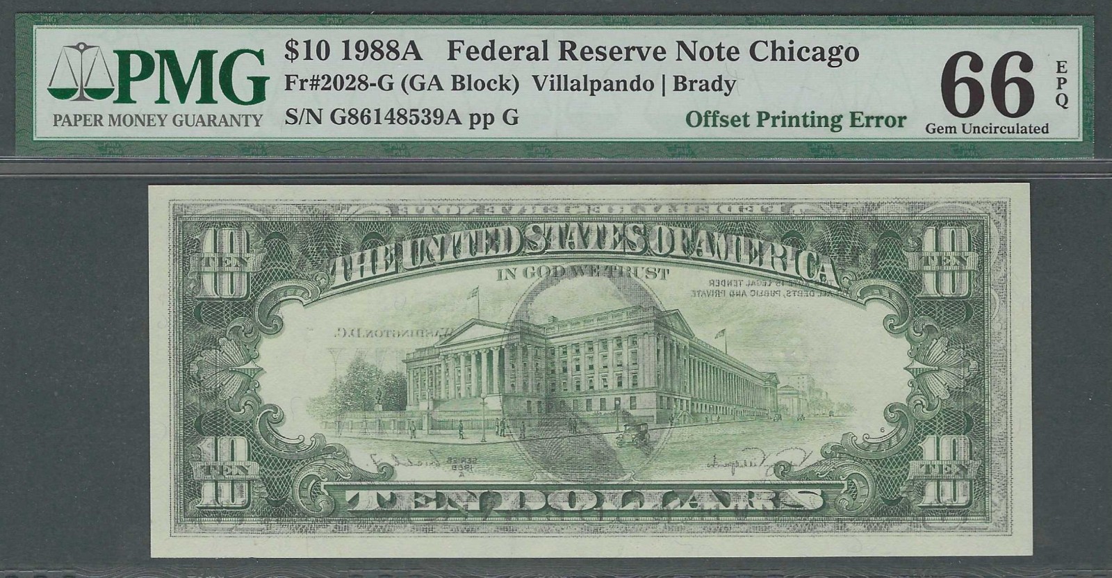GEM UNC OFFSET Printing ERROR 1988A $10 CERTIFIED PMG Federal Reserve Note