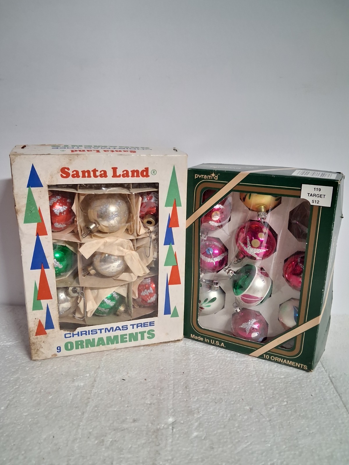Vintage 2 Boxes Christmas Ornaments 18 Balls Pyramid Santa Land Glass 