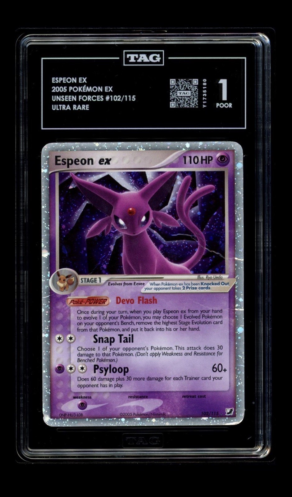 2005 POKEMON EX UNSEEN FORCES #102/115 ESPEON EX HOLO RARE TAG 1 Head Swirl 💫 2005 POKEMON EX UNSEEN FORCES #102/115 ESPEON EX HOLO RARE TAG 1 Head Swirl 💫
