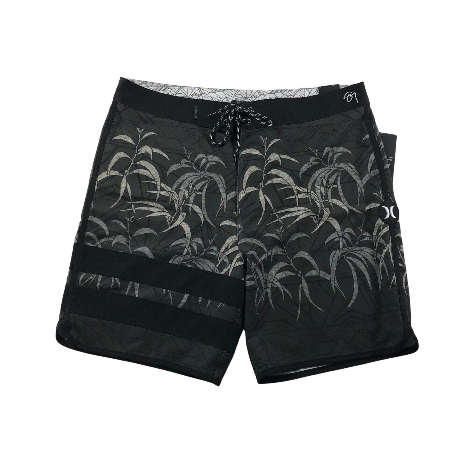 Hurley Mens Phantom Board Shorts Gray Black Tropical Leaf 32 CI2633 18 Inch