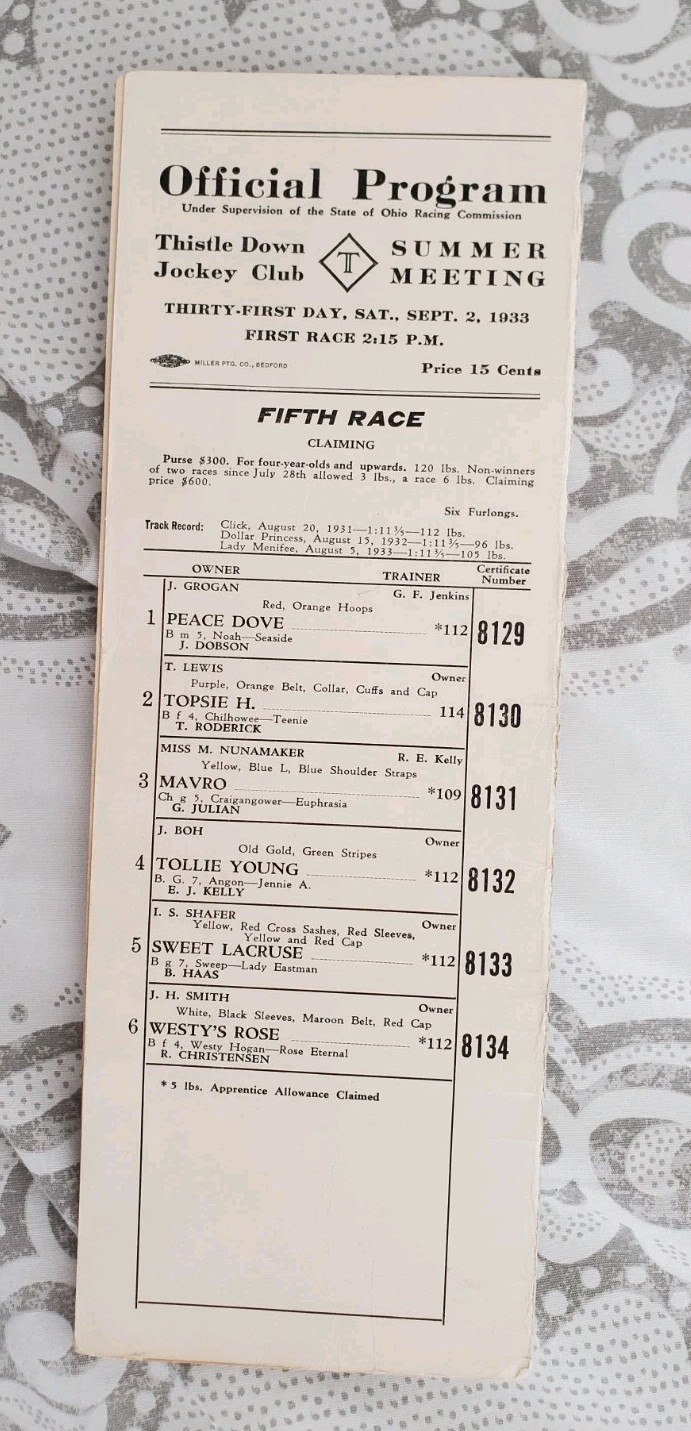 Antique 1933 Program Thistle Down Thistledown Horse Racing Track Cleveland Ohio Antique 1933 Program Thistle Down Thistledown Horse Racing Track Cleveland Ohio