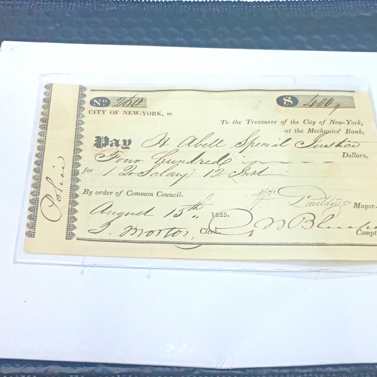 1825 City of New York Bank Check Draft - Signed Mayor Wm Paulding.