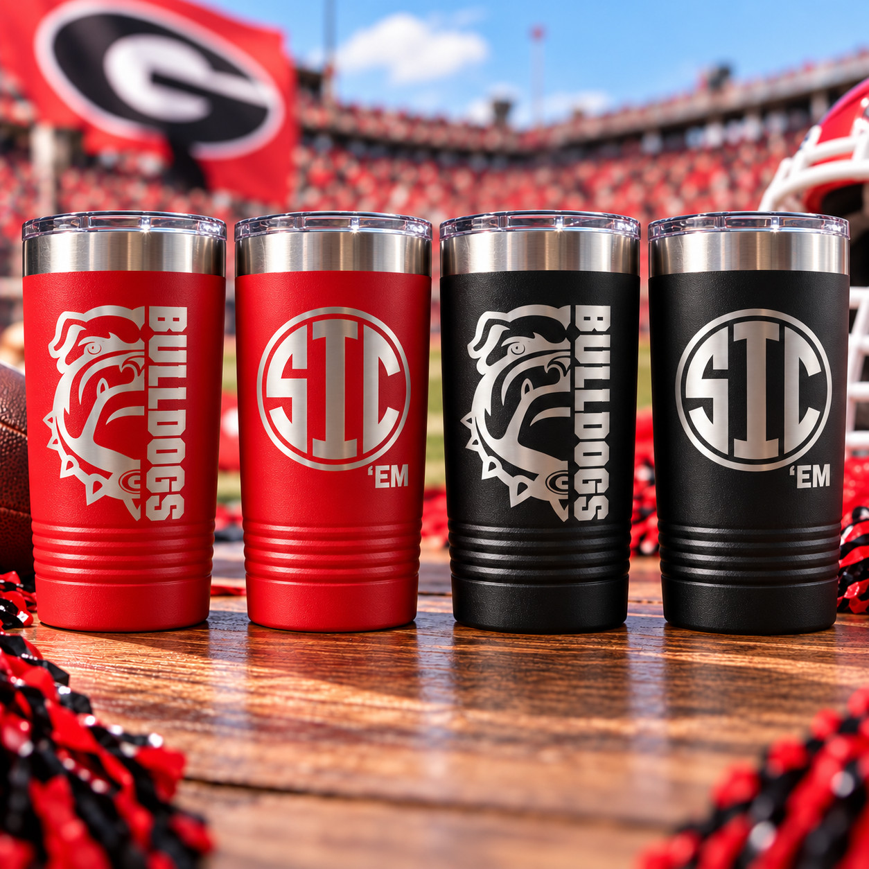 Georgia Bulldogs Tumbler 20oz Red Black Engraved Insulated Cup Bulldogs & SicEm