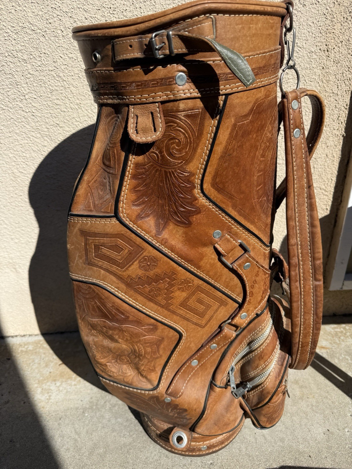 Incredible Vintage Hand Tooled Leather Golf Bag - Mayan Warrior Mayan Calendar Incredible Vintage Hand Tooled Leather Golf Bag - Mayan Warrior Mayan Calendar