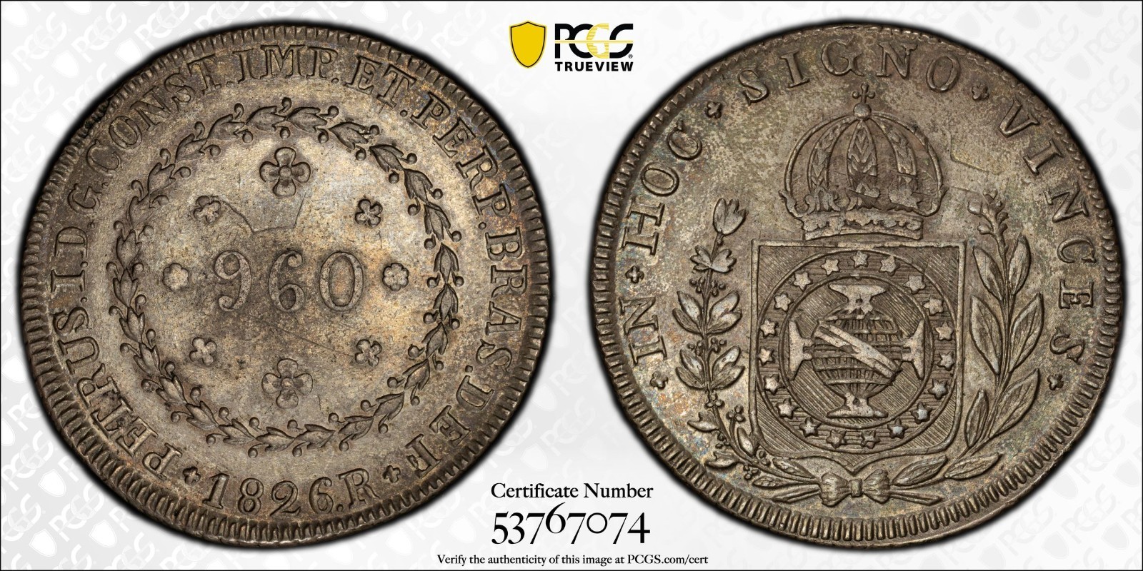 1826 R Brazil 960 Reis (25 Tulips) PCGS AU 53 Sharp Original (Pop 1/0 all TPGs) 1826 R Brazil 960 Reis (25 Tulips) PCGS AU 53 Sharp Original (Pop 1/0 all TPGs)