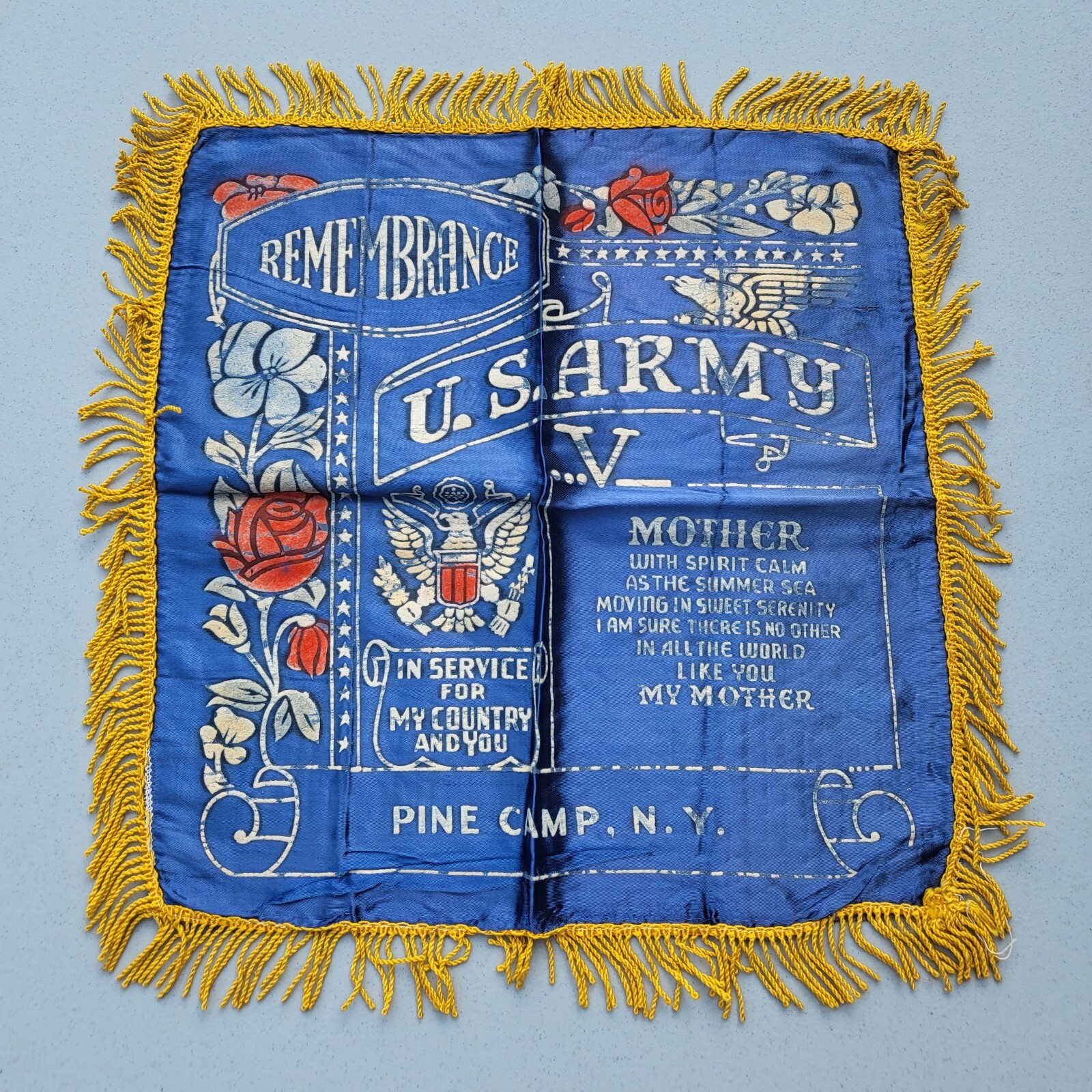 WWII US Army Mother\'s Satin Pillowcase With Fringe Pine Camp NY Home Front WWII US Army Mother\'s Satin Pillowcase With Fringe Pine Camp NY Home Front