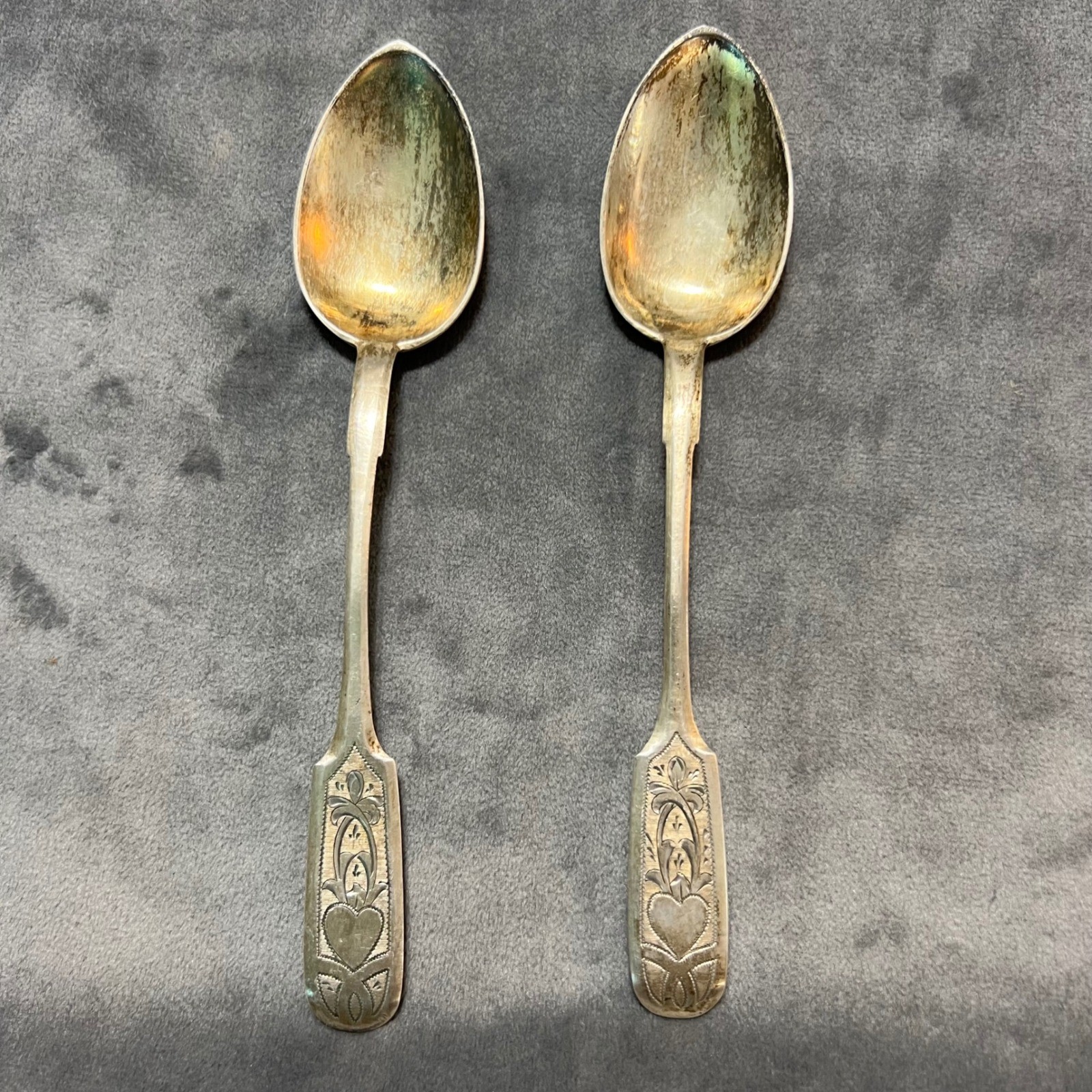Pair Antique Russian Silver Spoons 84 Zolotnik 1883 AW Engraved Heart Floral