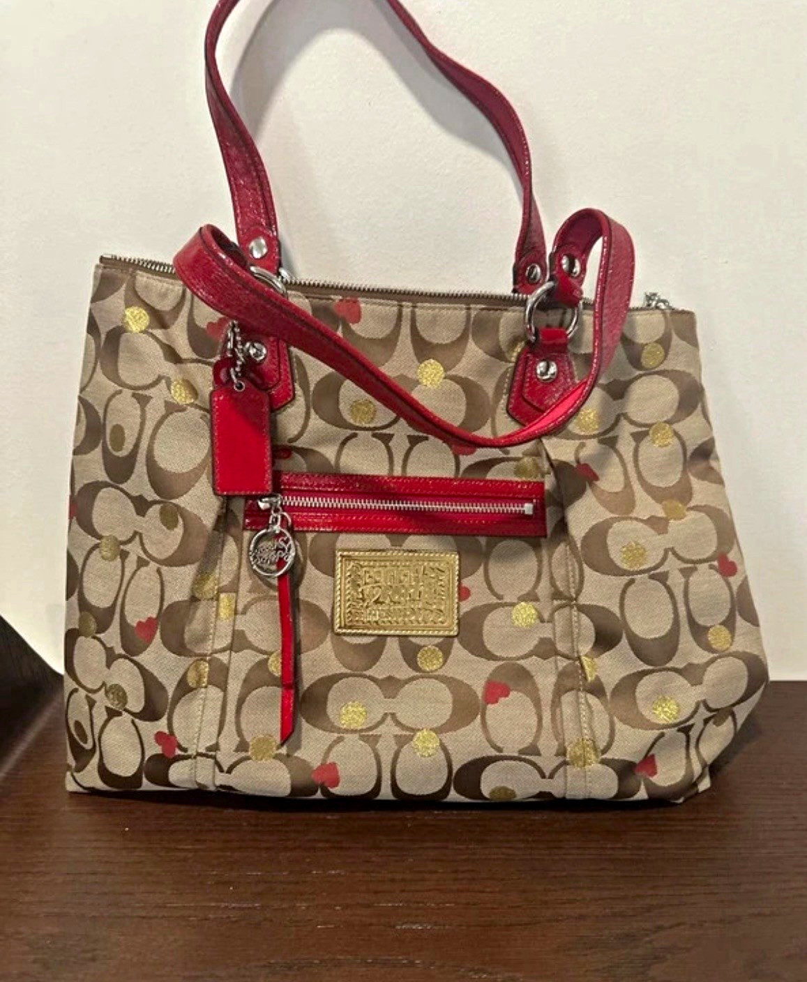 Vintage Coach Poppy Secret Admirer Glam Tote Bag 16289 - Red Hearts & Gold Dots