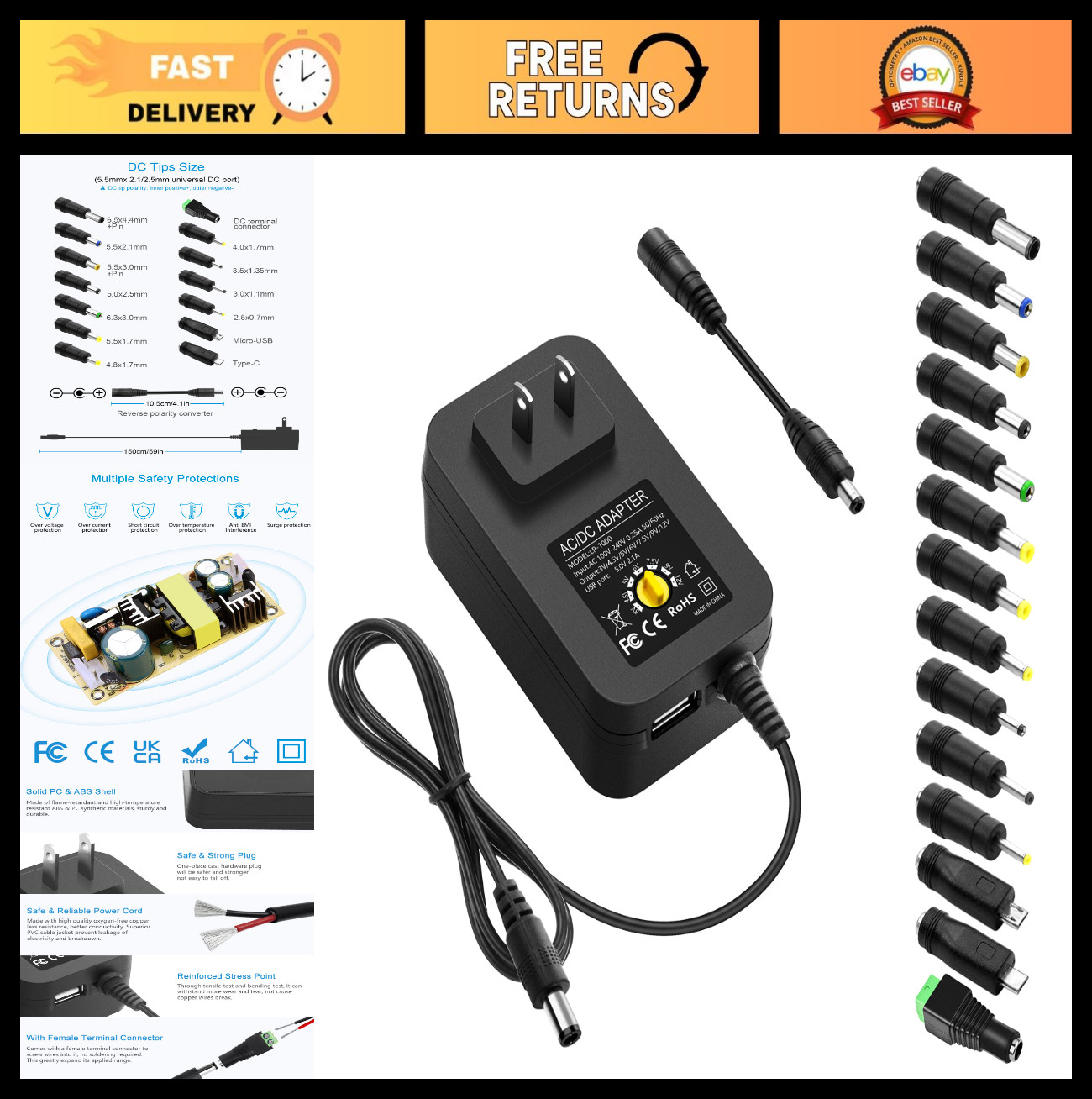 Universal Adjustable Power Adapter 30W AC to DC 3V-12V, USB Port, 14 Tips, 4.9FT